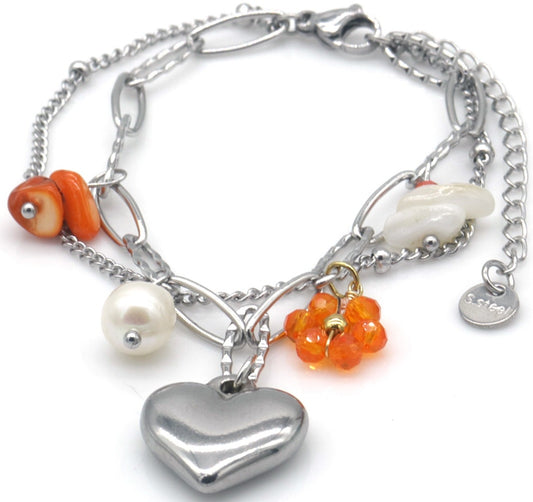 AA 0514 - Armband - Noa – 2-laags Stainless Steel met Hart, Parel en Bloem