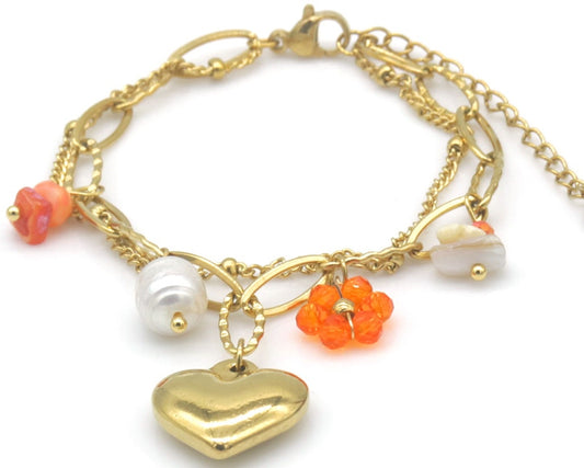 Armband - Noa – 2-laags Stainless Steel met Hart, Parel en Bloem