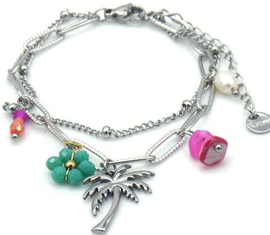 AA 0516 - Armband  - Mira – Dubbel Laags – Palmboom, Bloem & Parel – 16-21 cm