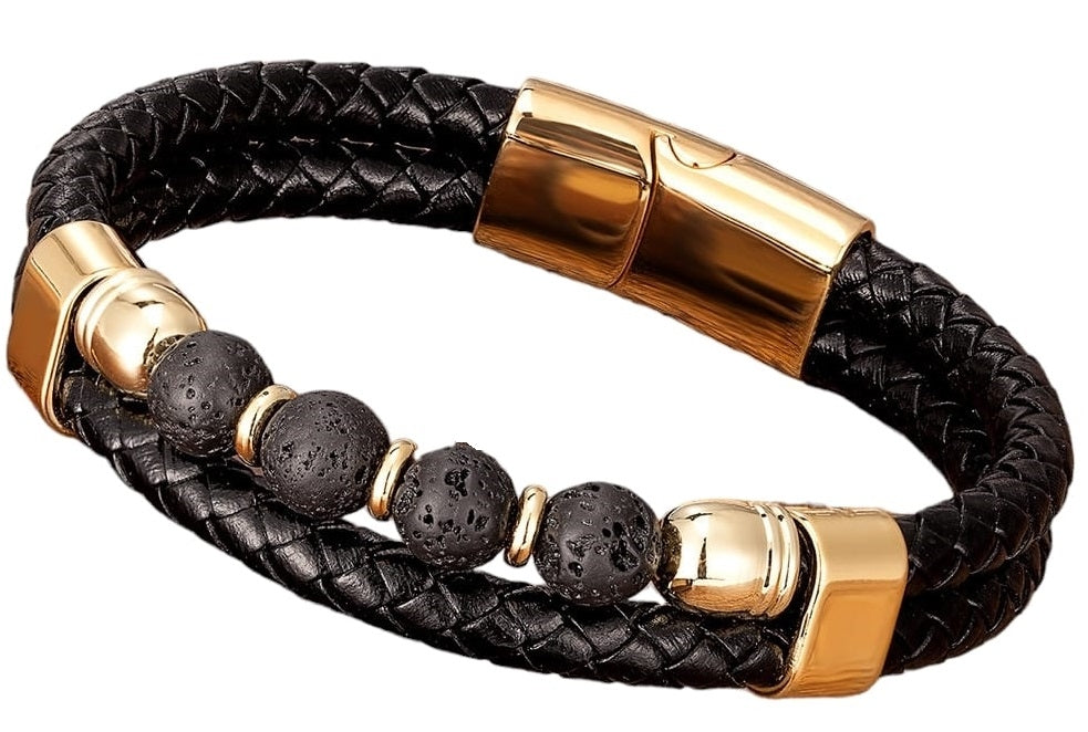 AC 0034 - Armband - Heren - Stainless Steel - Leer - 21 cm