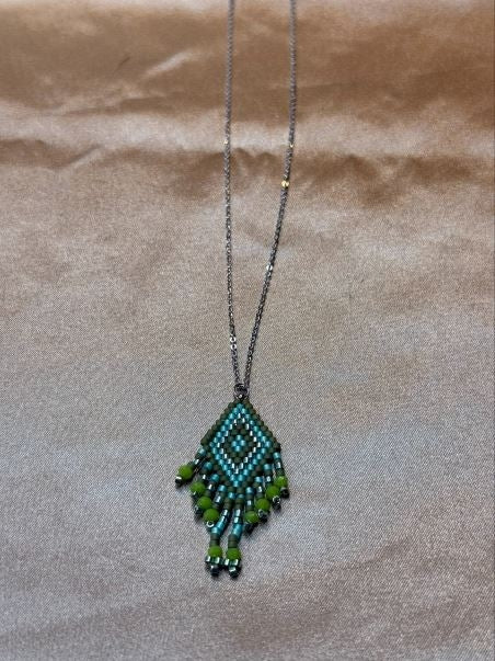 AA 0037 - Ketting - Stainless Steel - Glaskralen - Groen/Zilverkleurig