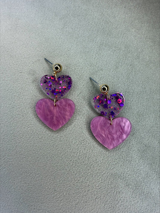AA 0015 - Oorbellen - Hartjes - Glitter - 4,5x2,5 - Paars