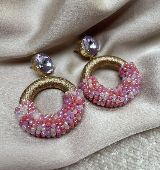 AA 0047 - Oorbellen - Crystal Beads - 5,5 x 4 cm - Roze/Goudkleurig